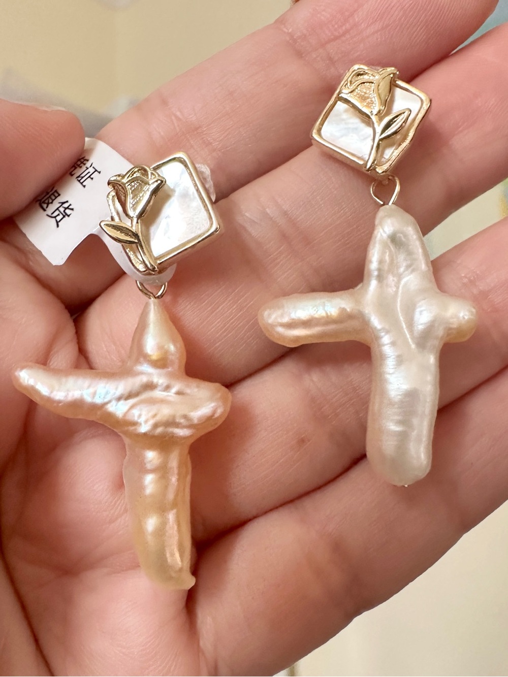 Baroque Pearl Cross Drop Earrings & Mother of Pearl- Cream & Light Peach